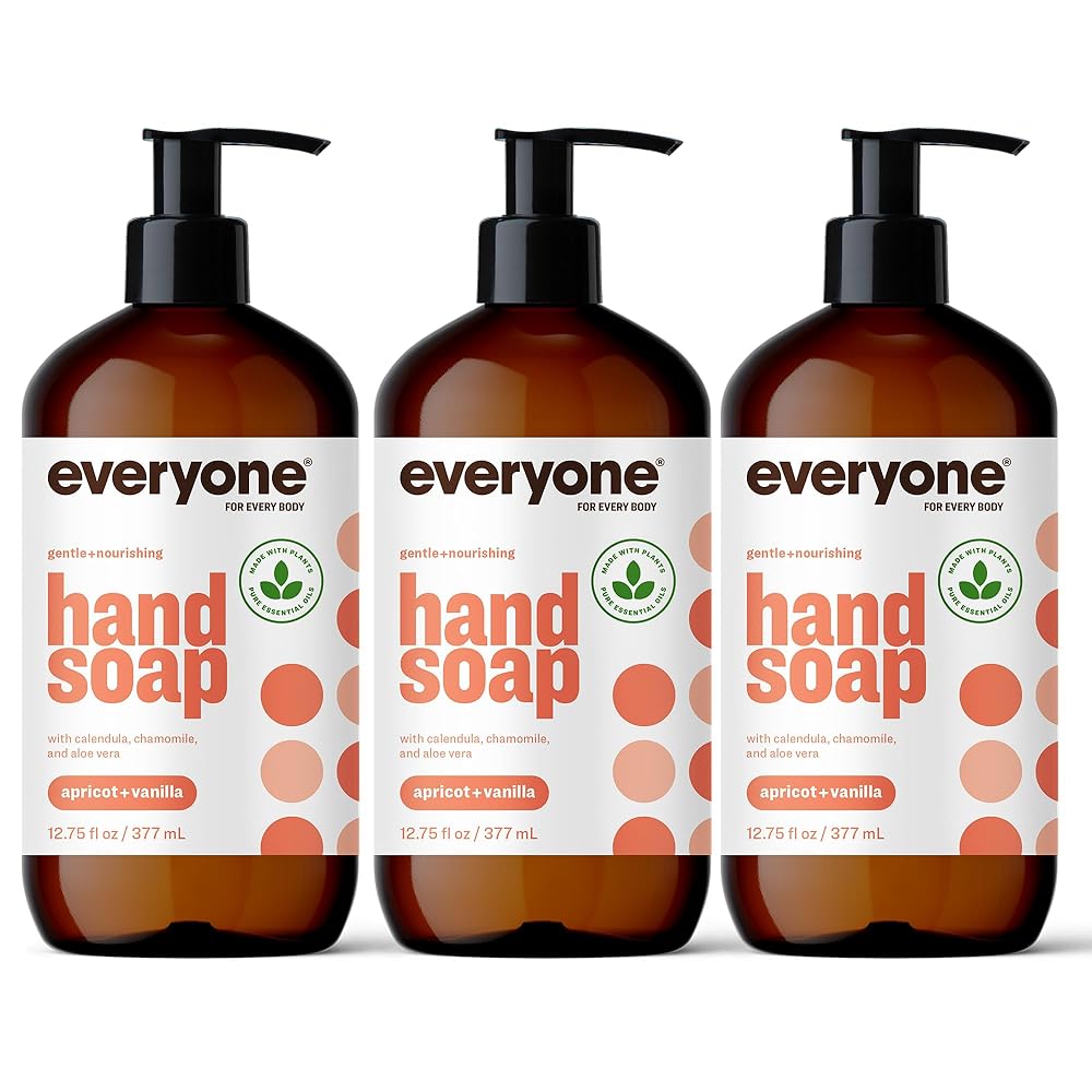 Everybody Liquid Hand Cleaning soap, 12.75 oz (Set of three), Apricot & Vanilla, Plant-Primarily based Cleanser Infused with Pure Important Oils